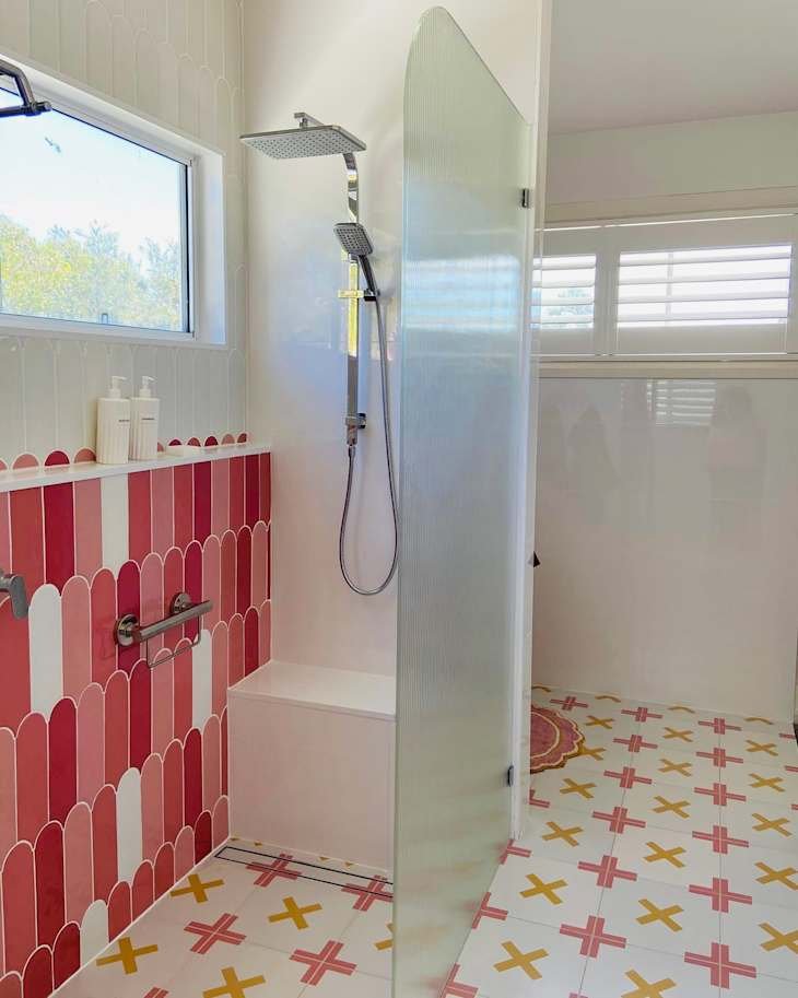 Colorful tiles in bathroom after renovation.