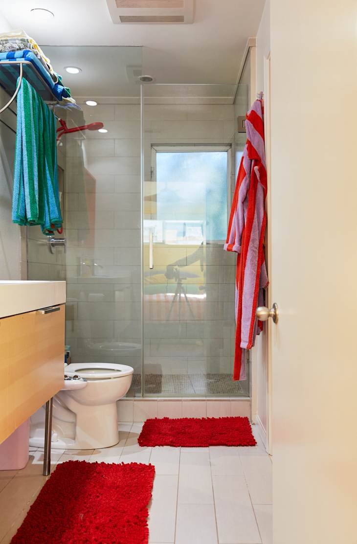White bathroom with red shag bath mats and colorful towels